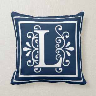 Letter L Monogram Navy Blue White Cushion