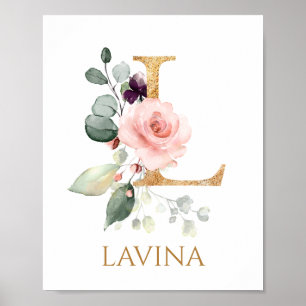 Letter L Monogram pink rose Nursery Poster