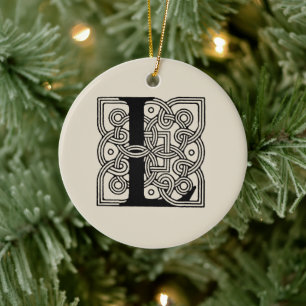 Letter L Monogram Vintage Celtic Knot Print Ceramic Tree Decoration