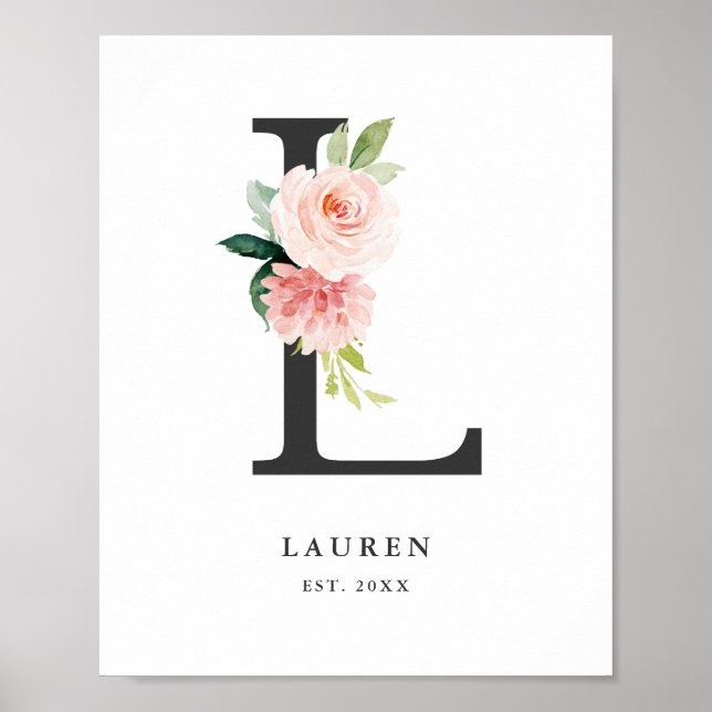 Letter L Monogram Watercolor Peach Florals Nursery Poster (Front)