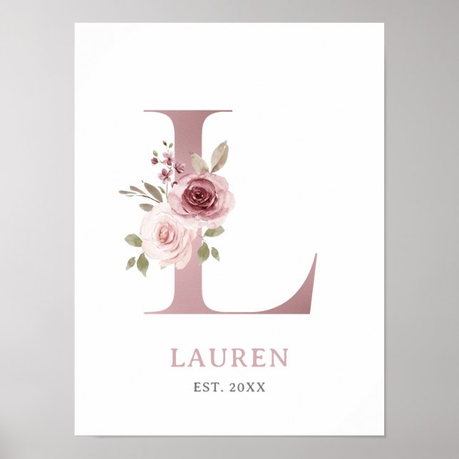 Letter L Monogram Watercolor Rose Florals Nursery  Poster (Front)