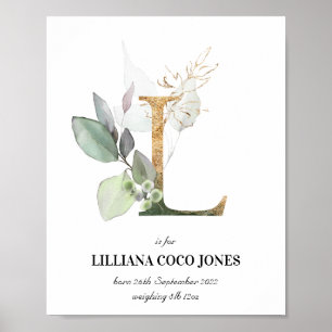 Letter L New Baby Monogram Birth Print Greenery
