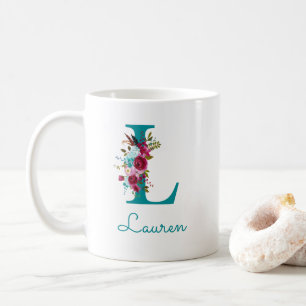 Letter L Teal Pink Floral Coffee Mug