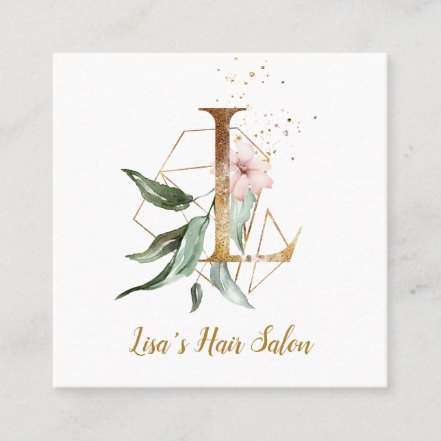 Letter L with Gold Geometric Design and Flowers Square Business Card (Front)