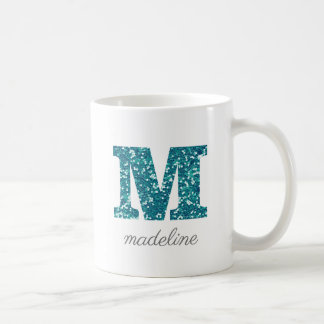 Letter M Aqua Blue Glitter Personalised Mug