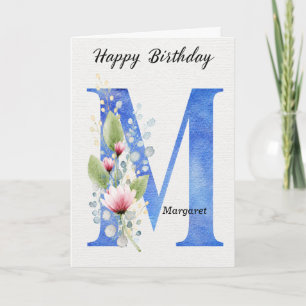 Letter M Birthday Custom Name Her Blue Monogram Card