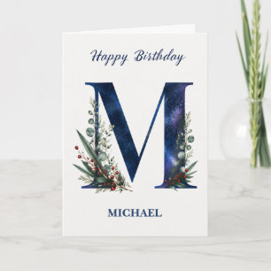 Letter M Birthday for Him Personalised Name Blue Card