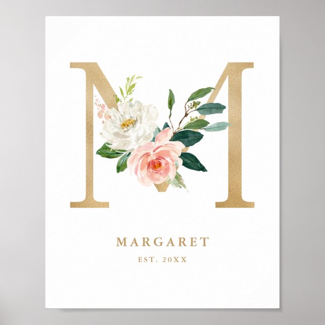 Letter M Blush Floral Monogram Gold Foil Nursery Poster (Front)