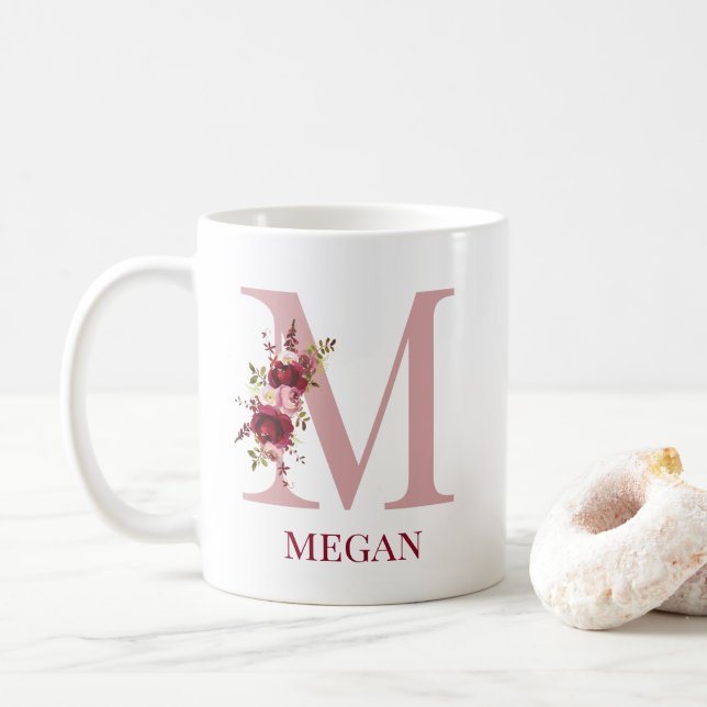 Letter M Burgundy Blush Floral Coffee Mug (With Donut)