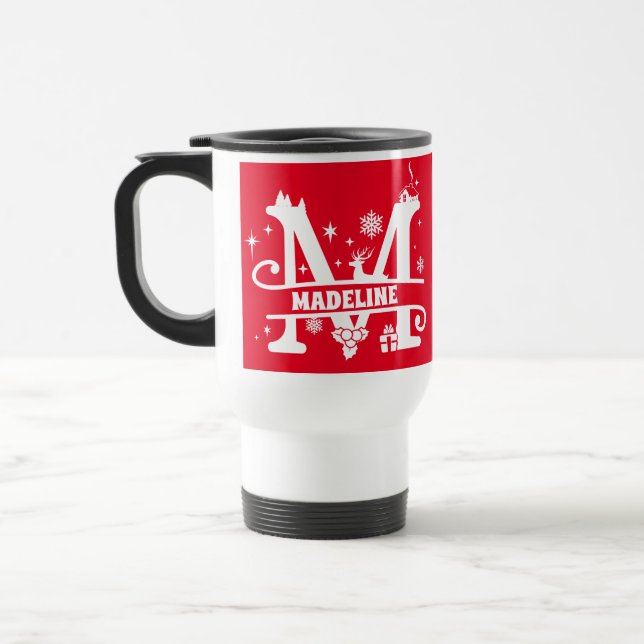 Letter M Christmas Monogram Initial Name Red Travel Mug (Left)