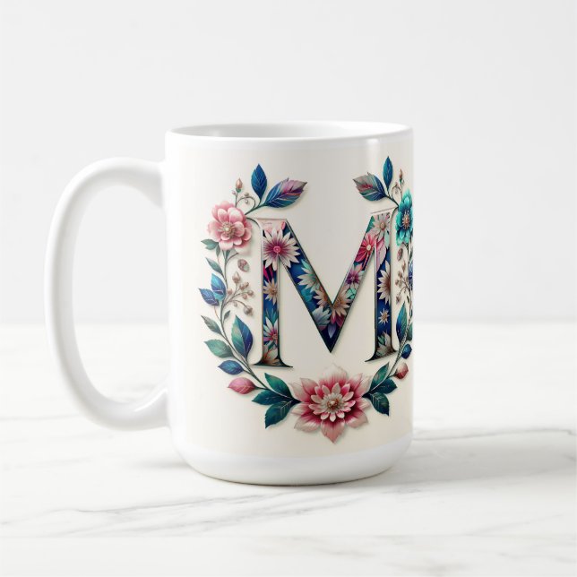 Letter M Coffee Mug – Floral Design for Gifting (Left)
