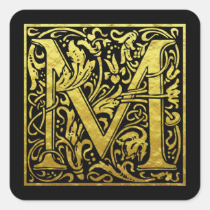 Letter M First Letter Faux Gold Black Square Sticker