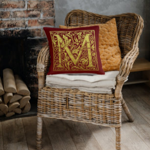 Letter M First Letter Faux Gold Red Cushion