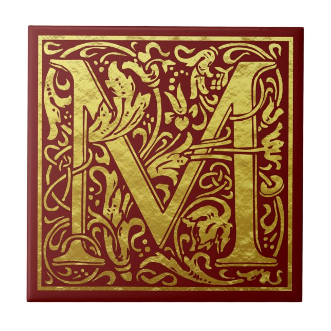 Letter M First Letter Faux Gold Red Tile (Front)