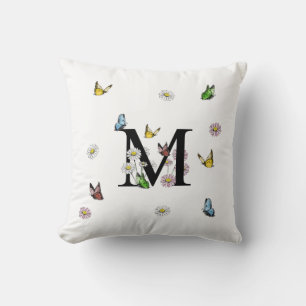 Letter M Floral Butterfly Monogram Initial  Cushion