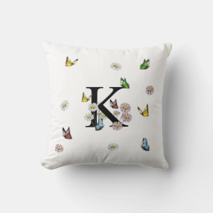 Letter M Floral Butterfly Monogram Initial Throw Cushion
