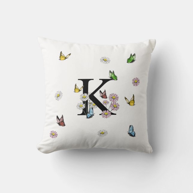 Letter M Floral Butterfly Monogram Initial  Throw  Cushion (Front)