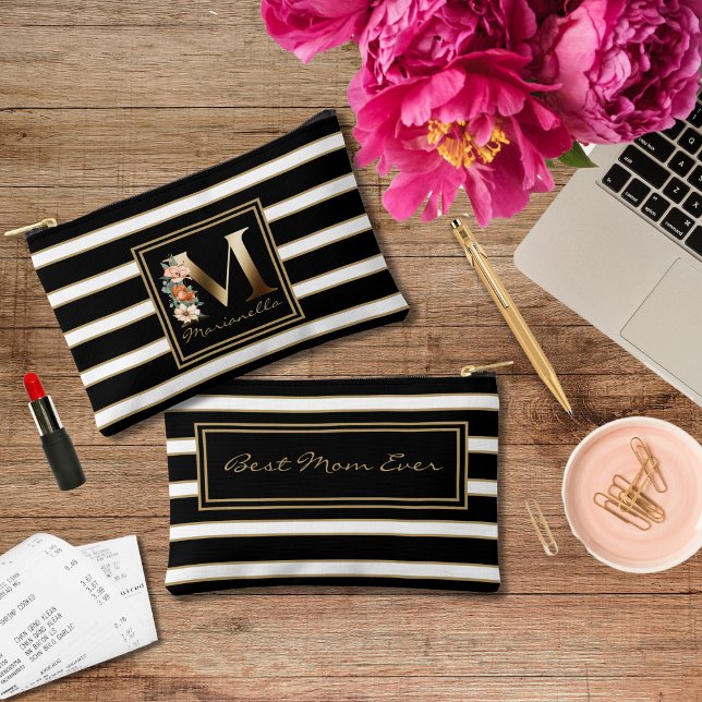 Letter M Floral Monogram Black White Gold Stripes Accessory Pouch (Creator Uploaded)