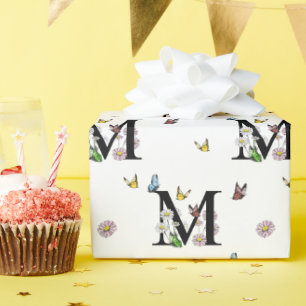 Letter M Floral Watercolor Butterfly Monogram Wrapping Paper