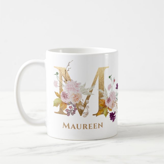 Letter m - Gold Floral Name sister coworker friend Coffee Mug (Left)