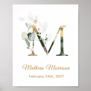 Letter M Green & gold foliage Baby Birth Poster