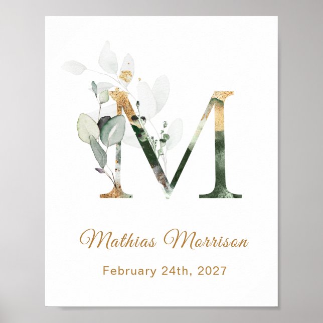 Letter M Green & gold foliage Baby Birth Poster (Front)