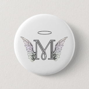 Letter M Initial Monogram with Angel Wings & Halo 6 Cm Round Badge