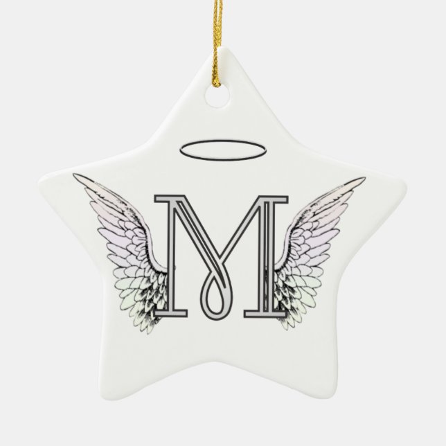 Letter M Initial Monogram with Angel Wings & Halo Ceramic Tree Decoration (Front)