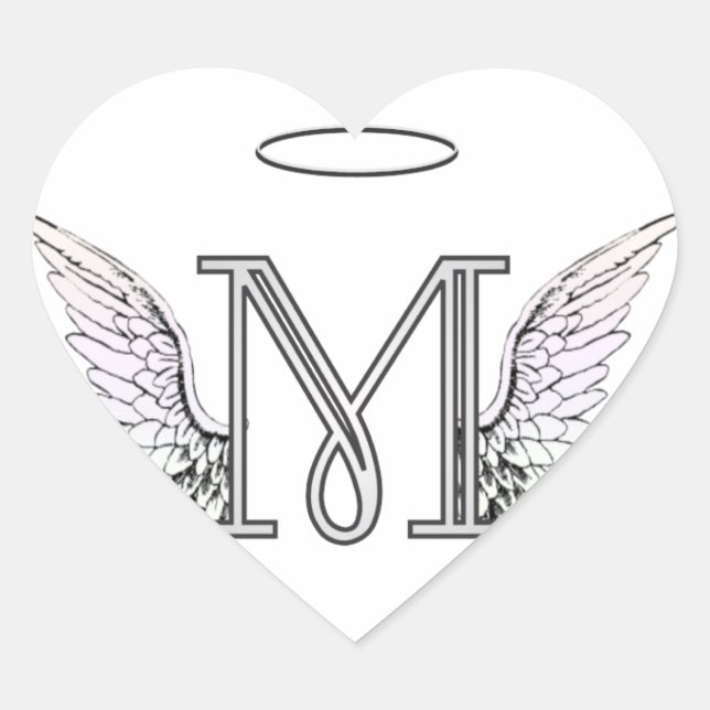 Letter M Initial Monogram with Angel Wings & Halo Heart Sticker (Front)