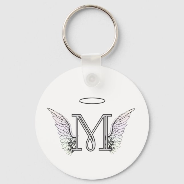 Letter M Initial Monogram with Angel Wings & Halo Key Ring (Front)