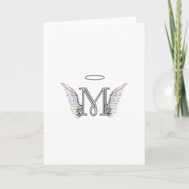 Letter M Initial Monogram with Angel Wings & Halo Note Card (Front)