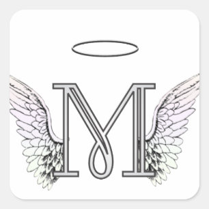 Letter M Initial Monogram with Angel Wings & Halo Square Sticker