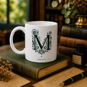 Letter M Linocut Botanical Personalised Mug