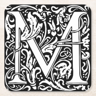 Letter M Mediaeval Monogram Art Nouveau Square Paper Coaster