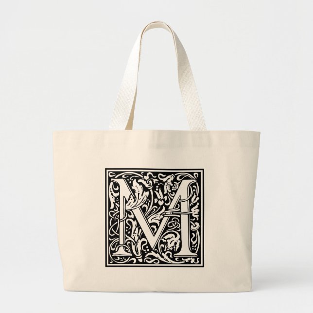 Letter M Medieval Monogram Art Nouveau Large Tote Bag (Front)