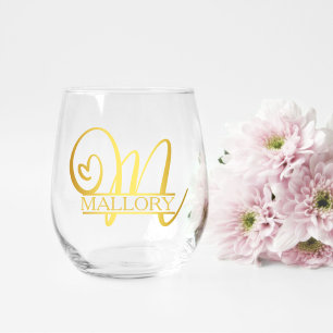 Letter M Monogram Bridesmaid Gift, Modern Elegant Stemless Wine Glass
