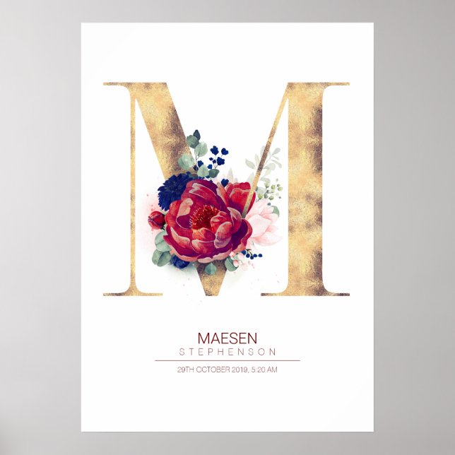Letter M Monogram Floral Navy Blue and Burgundy Poster (Front)