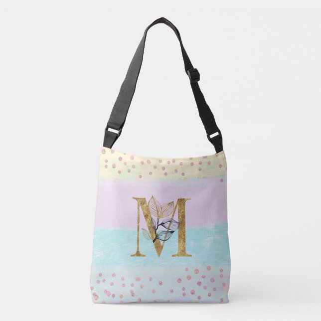 *~ LETTER M - Monogram Gold Glitter Pastel Colors Crossbody Bag (Front)