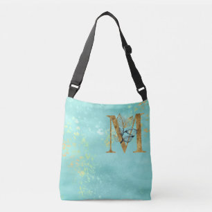 *~ LETTER M - Monogram Gold Glitter Turquoise Blue Crossbody Bag