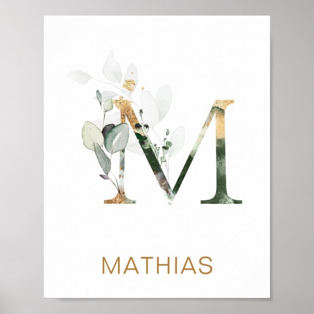 Letter M Monogram Green & gold foliage Nursery Poster (Front)