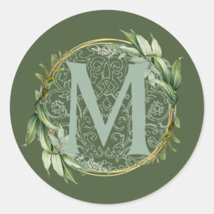 Letter M Monogram Initial Botanical Green Leaves Classic Round Sticker