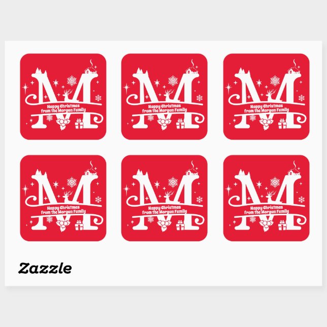 Letter M Monogram Initial Family Name Greeting Square Sticker (Sheet)