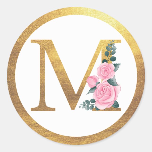 Letter M Monogram Pink Roses Floral & Elegant Gold Classic Round Sticker (Front)