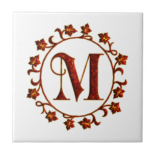 Letter M Monogram Red Leaves Tile