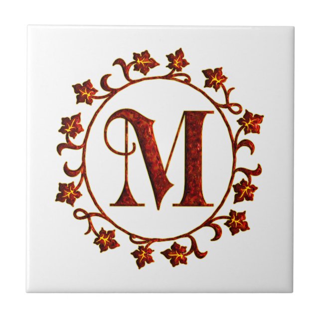 Letter M Monogram Red Leaves Tile (Front)