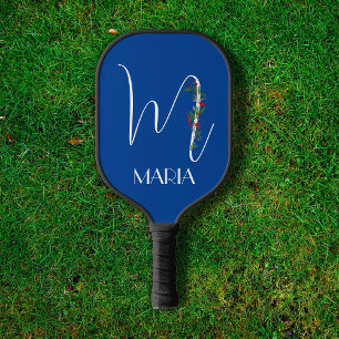 Letter M monogram red watercolor mum blue Pickleball Paddle