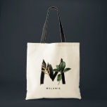 Letter M Monogram | Tropical Leaves Bridesmaid Tote Bag<br><div class="desc">Customisable letter M monogram tote bag featuring watercolor tropical palm leaf,  faux gold foil leaf and black watercolor brush accents. Personalise this tropical monogram tote bag by adding your name or other details. This boho letter M monogram bag will be perfect as a gift. Other letters are available.</div>