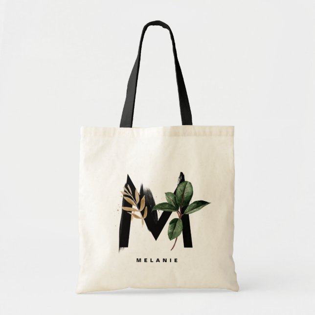 Letter M Monogram | Tropical Leaves Bridesmaid Tote Bag (Front)