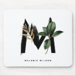 Letter M Monogram Tropical Leaves Personalised Mouse Mat<br><div class="desc">Customisable letter M monogram mousepad featuring watercolor tropical palm leaf,  faux gold foil leaf and black watercolor brush accents. Personalise this tropical monogram mousepad by your name or other details. This boho letter M monogram mousepad will be perfect as a gift. Other letters are available.</div>