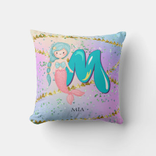 Letter M Monogram Watercolor Cute Mermaid Nursery Cushion